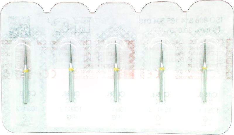 Packung 5 Stück gelb superfein, FG, Figur 165 Konus Spitze, 8 mm, ISO 010 Packung 5 Stück gelb superfein, FG, Figur 165 Konus Spitze, 8 mm, ISO 010