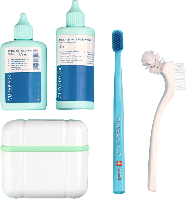 Set 2 Reiniger (daily, weekly), Box, Prothesenbürste, Zahnbürste, Tasche, Anleitung