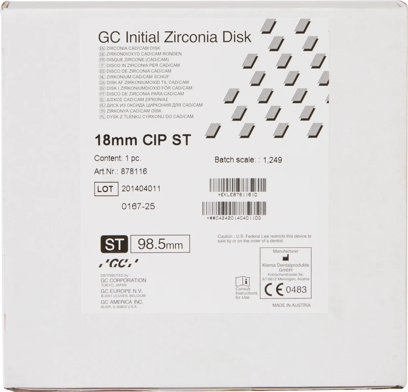 116277 - GC Initial™ Zirconia Disk - Stück Ø 98, 5 mm H 18 mm, ST 116277 - GC Initial™ Zirconia Disk - Stück Ø 98, 5 mm H 18 mm, ST