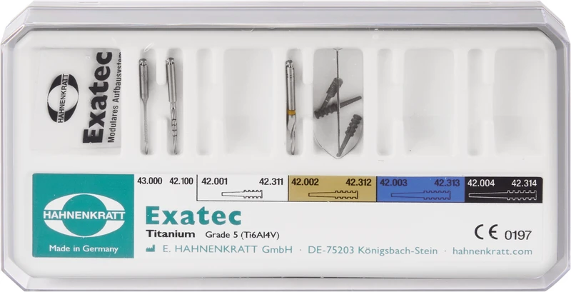 14250 - Exatec Titan - Test Set 1 Kanalerweiterer, 1 Kalibrierbohrer, 3 Titan-Wurzelstifte ,1 Messschablone, Box leer