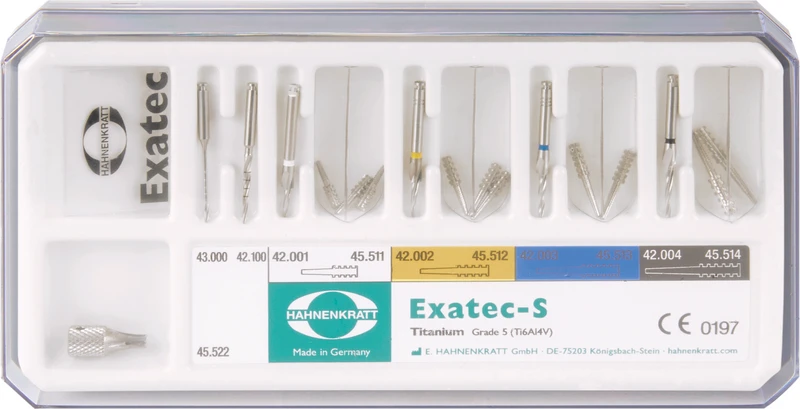 Standard Set 1 Kanalerweiterer, 5 Bohrer, 10 Exatec-S Titan-Stifte, 1 Messschablone, 1 Einsetz-Tool 