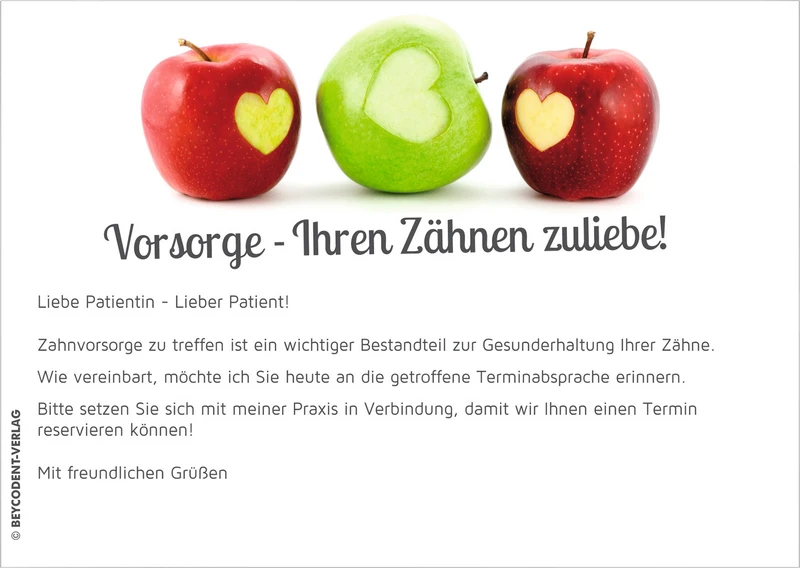 127276 - Zahnvorsorge-Karte - Packung 100 Stück DIN A6, Äpfel mit Herz