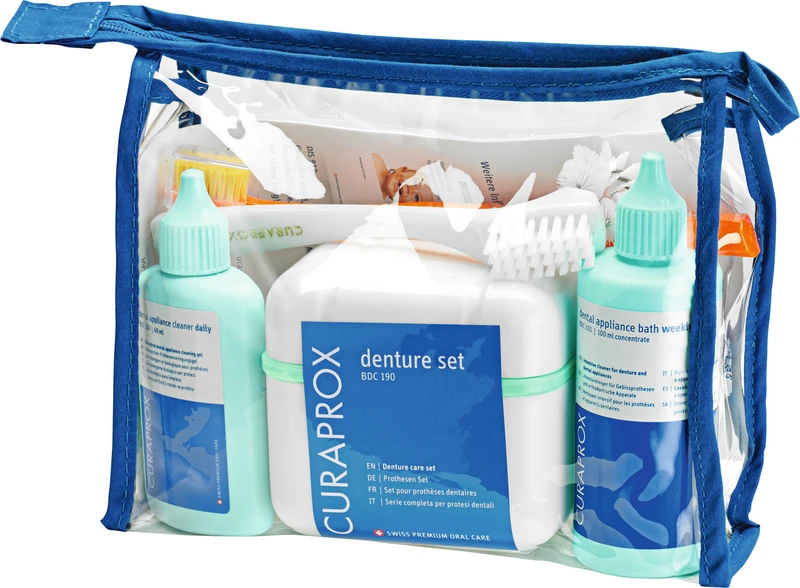 Set 2 Reiniger (daily, weekly), Box, Prothesenbürste, Zahnbürste, Tasche, Anleitung