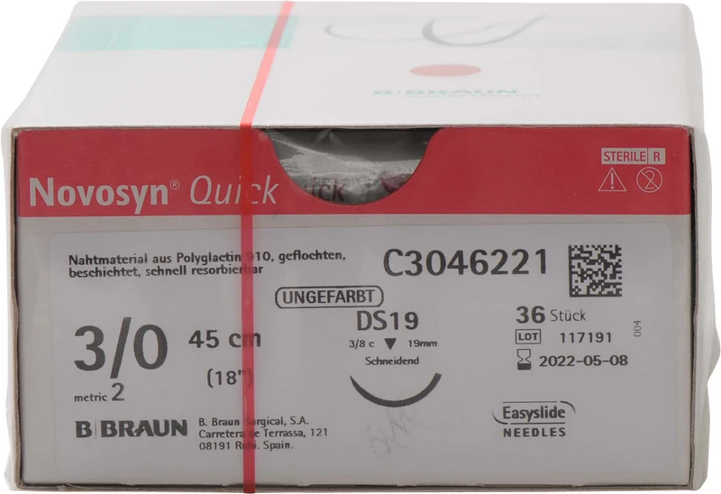 Packung 36 Stück ungefärbt, 45 cm, DS19, 3/8 Kreis, schneidend, 19 mm, USP 3/0 Packung 36 Stück ungefärbt, 45 cm, DS19, 3/8 Kreis, schneidend, 19 mm, USP 3/0