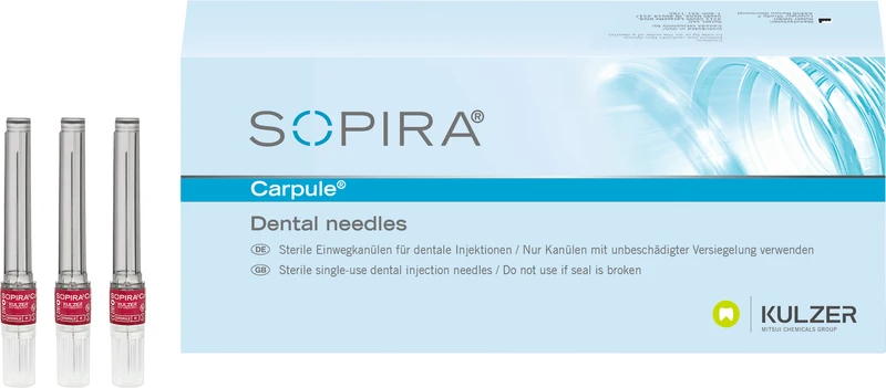 105355 - SOPIRA® Carpule® Kanülen - Refill Packung 100 Stück 27G, 38 mm, langer Anschliff, dunkelrot, Typ Injektion Nervenblockade