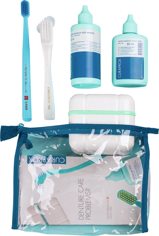 Set 2 Reiniger (daily, weekly), Box, Prothesenbürste, Zahnbürste, Tasche, Anleitung