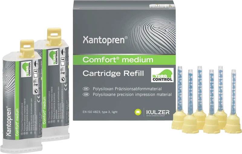 21007 - Xantopren® Comfort® System - Normalpackung 2 x 50 ml Doppelkartusche medium grün, 12 Mixing Tips